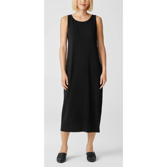 Eileen Fisher Stretch Jersey Knit Round Neck Dress Maxi Sleeveless Black Size XL - Picture 13 of 13